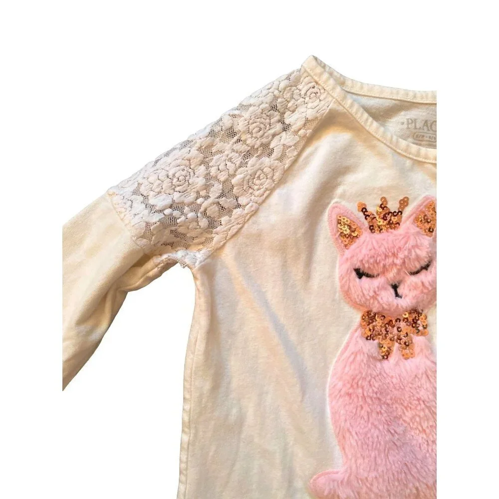 Purrfect‎ kitty fur princess applique raglan lace sleeves white tee Girls 5/6